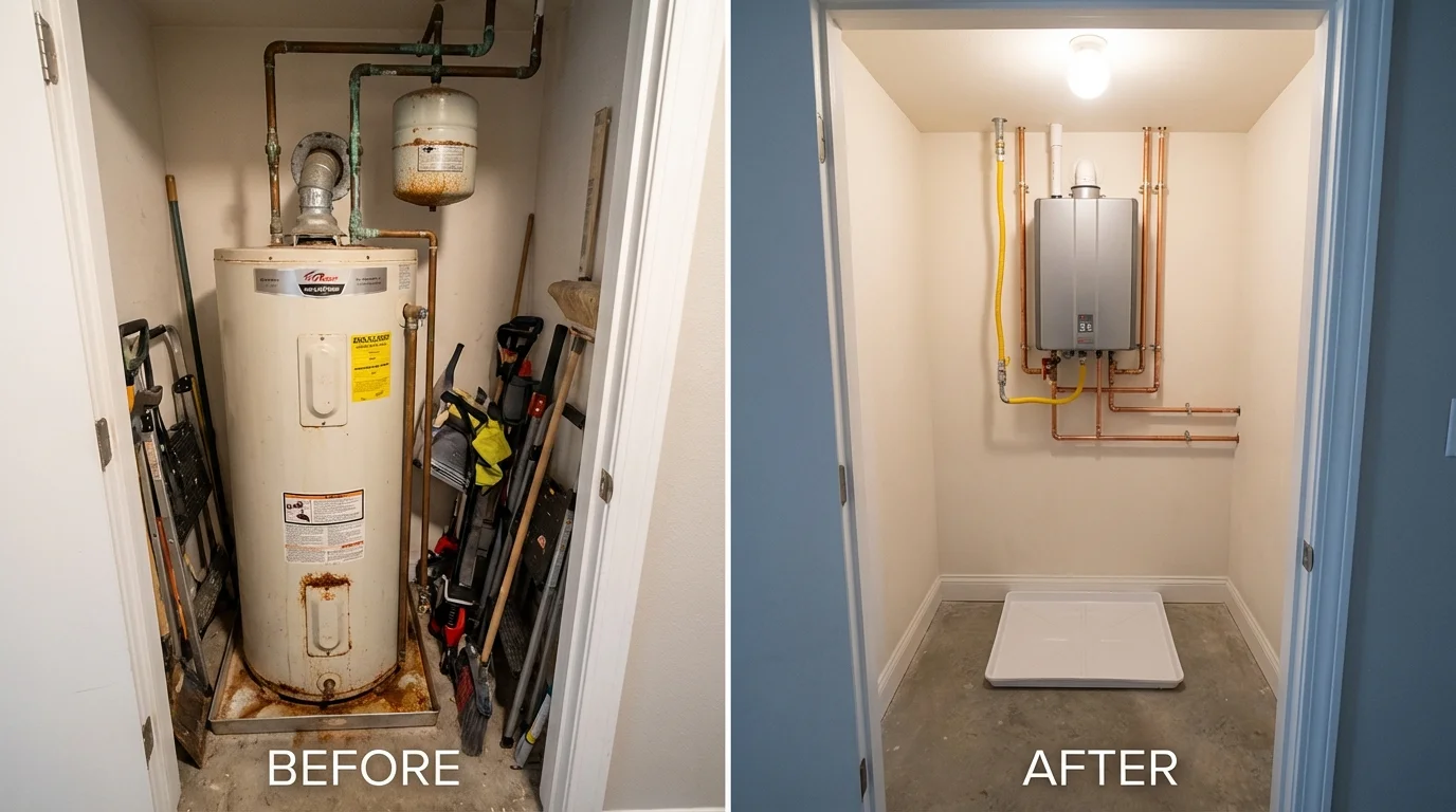Tank water heater versus wall-mounted tankless unit comparison for Marysville, CA homeowners