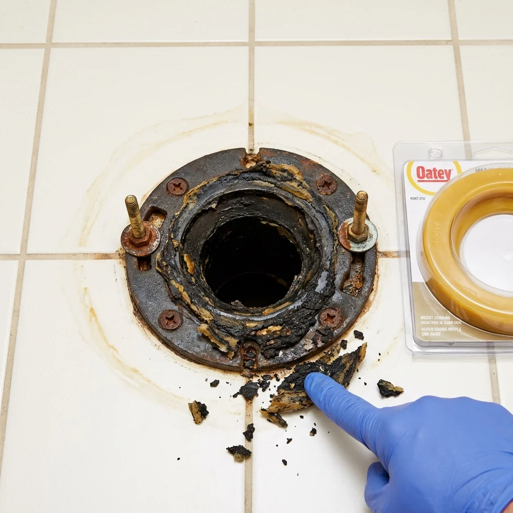Failed wax ring showing water seepage at the base of a toilet in a Marysville, CA home