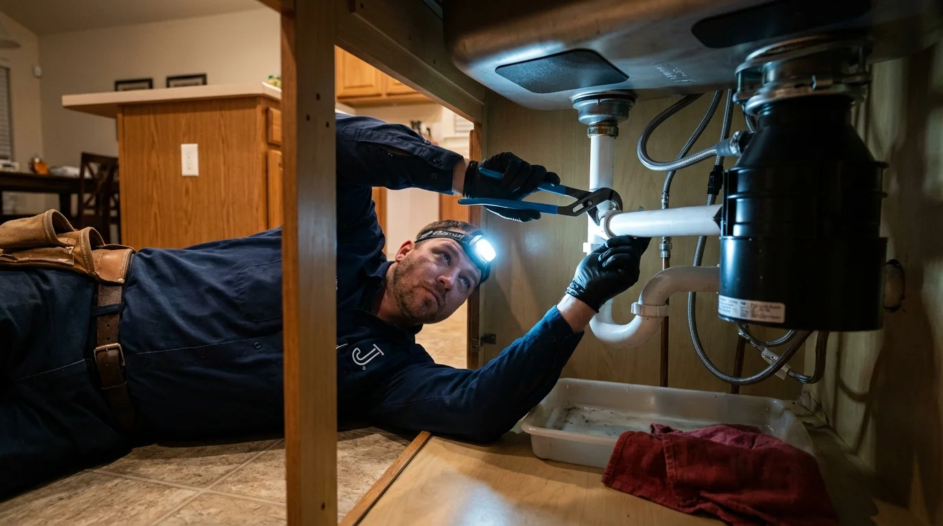 P-trap and supply line connections under a kitchen sink showing a common leak point in Marysville, CA